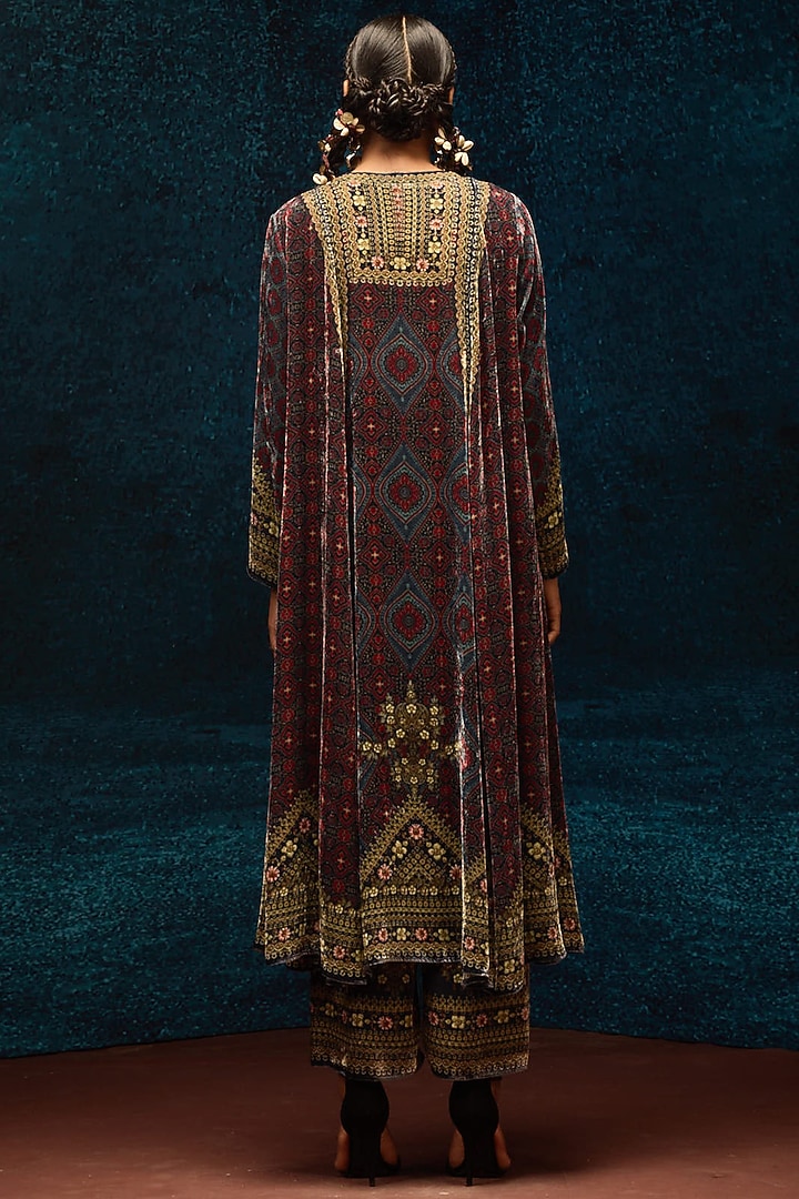 Blue & Maroon Silk Velvet Printed Wedding Anarkali by Rajdeep Ranawat at Pernia's Pop Up Shop