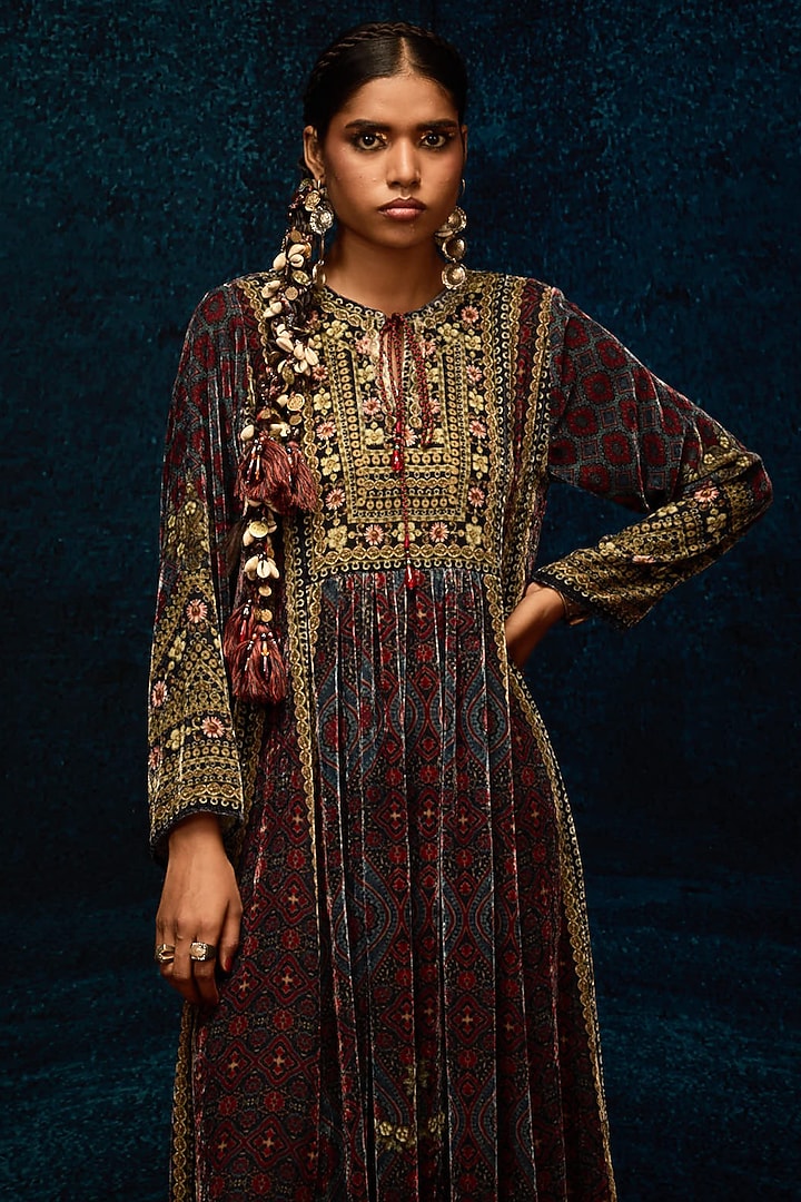 Blue & Maroon Silk Velvet Printed Wedding Anarkali by Rajdeep Ranawat at Pernia's Pop Up Shop