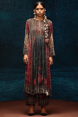 Red & Black Silk Velvet Printed Anarkali by Rajdeep Ranawat