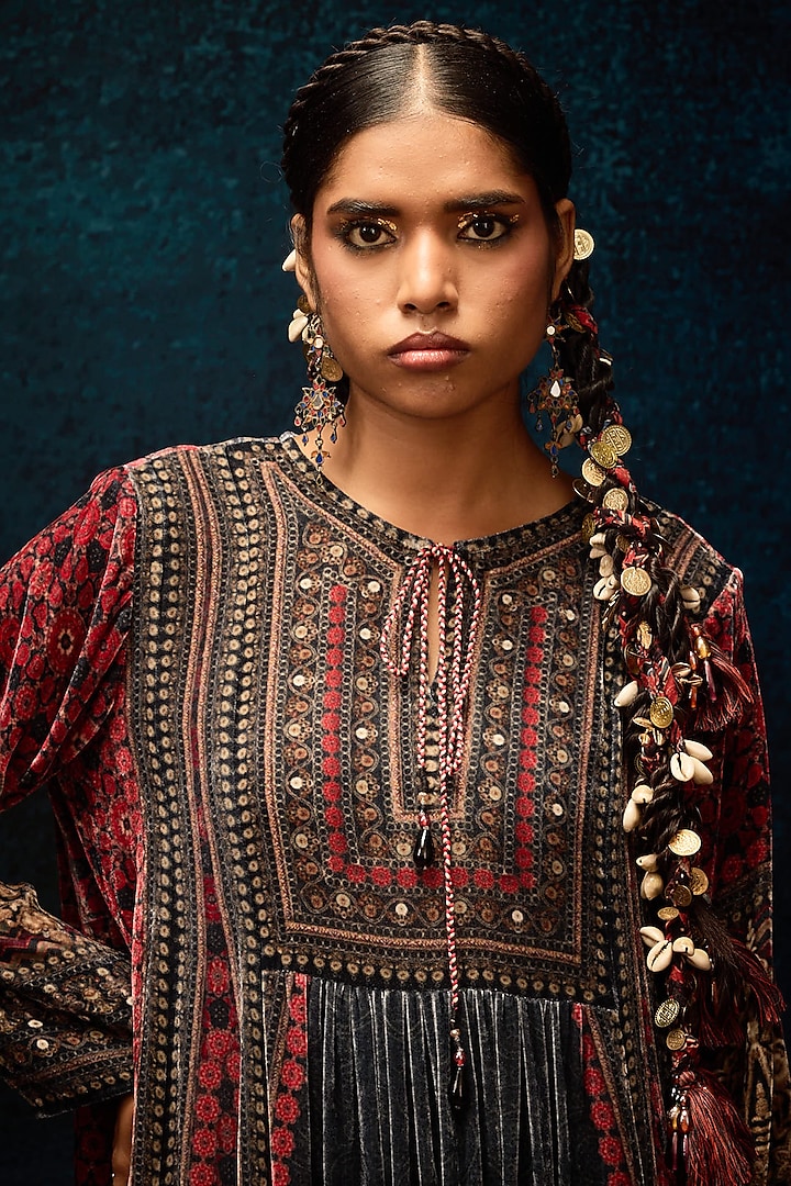 Red & Black Silk Velvet Printed Wedding Anarkali by Rajdeep Ranawat at Pernia's Pop Up Shop