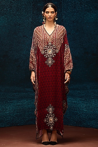 Maroon Silk Velvet Printed Kaftan by Rajdeep Ranawat