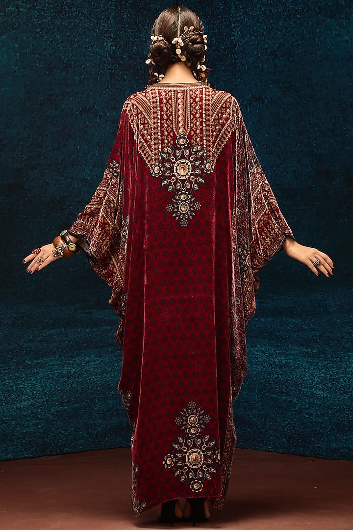 Maroon Silk Velvet Printed Kaftan by Rajdeep Ranawat at Pernia's Pop Up Shop