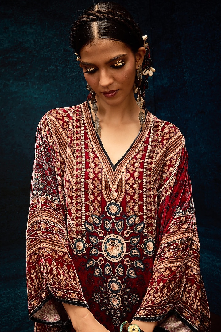 Maroon Silk Velvet Printed Kaftan by Rajdeep Ranawat at Pernia's Pop Up Shop