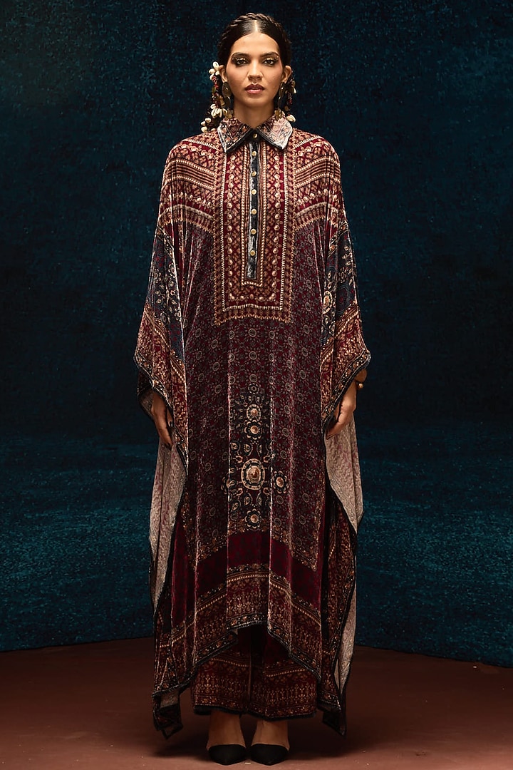 Maroon Silk Velvet Printed Boxy Kaftan Shirt by Rajdeep Ranawat at Pernia's Pop Up Shop