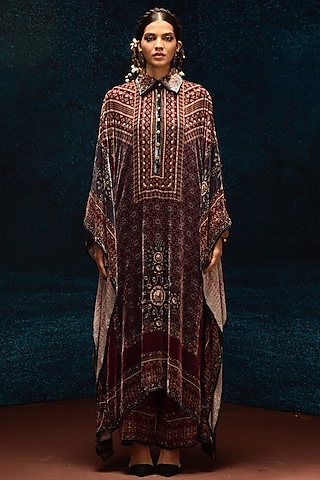 Maroon Silk Velvet Printed Boxy Kaftan Shirt by Rajdeep Ranawat