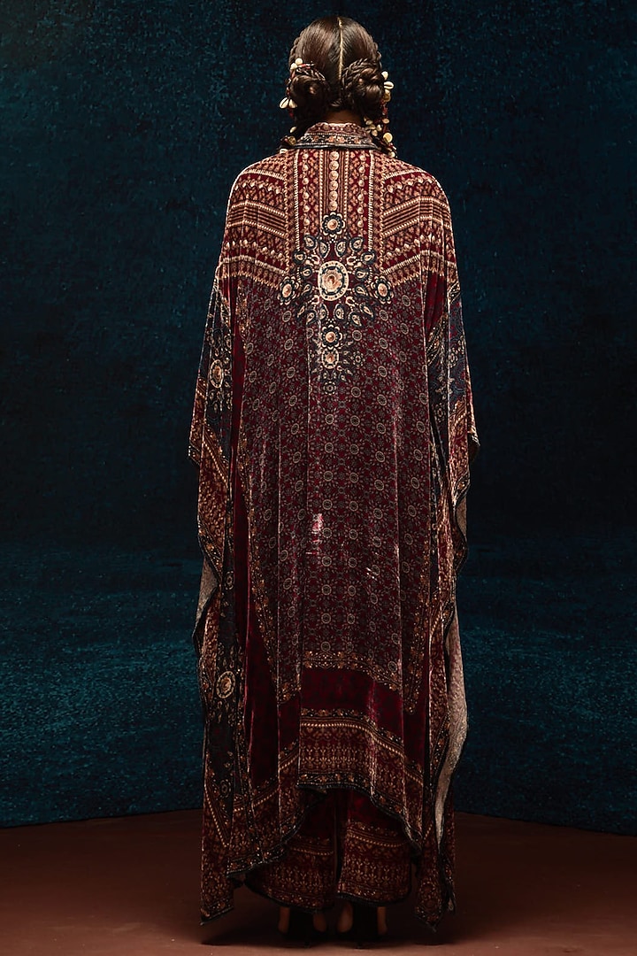 Maroon Silk Velvet Printed Boxy Kaftan Shirt by Rajdeep Ranawat at Pernia's Pop Up Shop