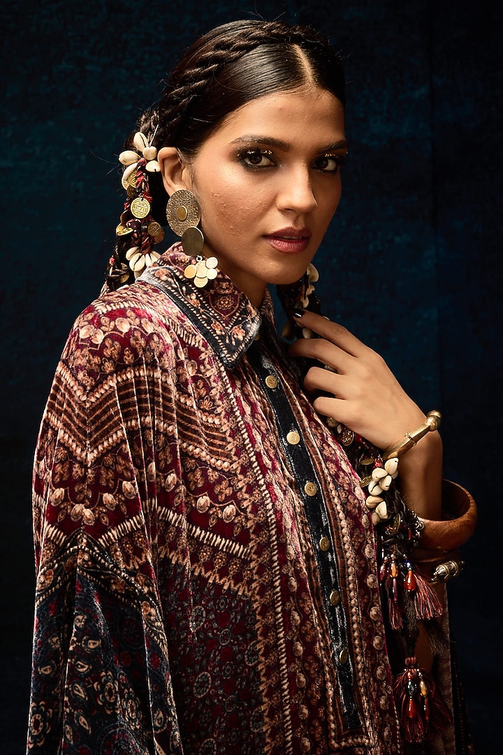 Maroon Silk Velvet Printed Boxy Kaftan Shirt by Rajdeep Ranawat at Pernia's Pop Up Shop