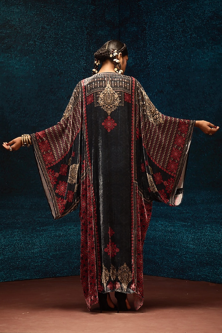 Red & Black Silk Velvet Printed Straight Kaftan by Rajdeep Ranawat at Pernia's Pop Up Shop