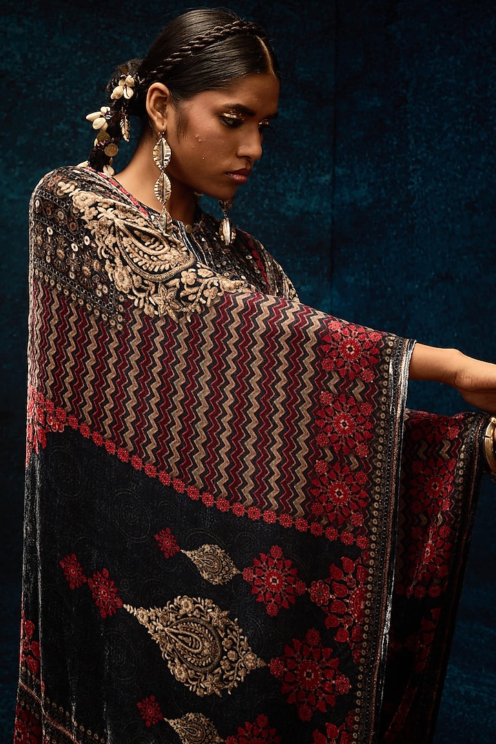 Red & Black Silk Velvet Printed Straight Kaftan by Rajdeep Ranawat at Pernia's Pop Up Shop