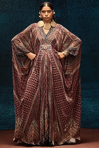 Maroon Silk Velvet Printed Kaftan by Rajdeep Ranawat
