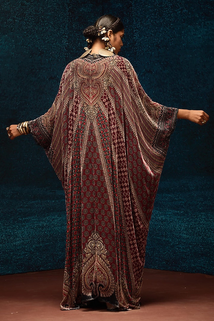 Maroon Silk Velvet Printed Kaftan by Rajdeep Ranawat at Pernia's Pop Up Shop