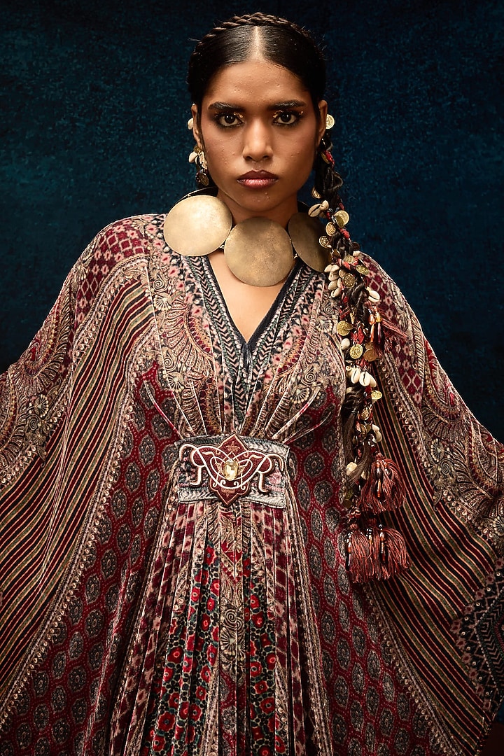 Maroon Silk Velvet Printed Kaftan by Rajdeep Ranawat at Pernia's Pop Up Shop