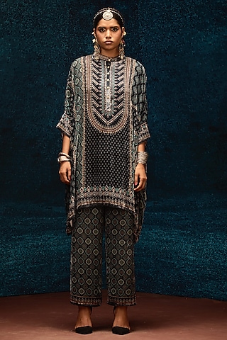 Black Silk Velvet Printed Pants by Rajdeep Ranawat
