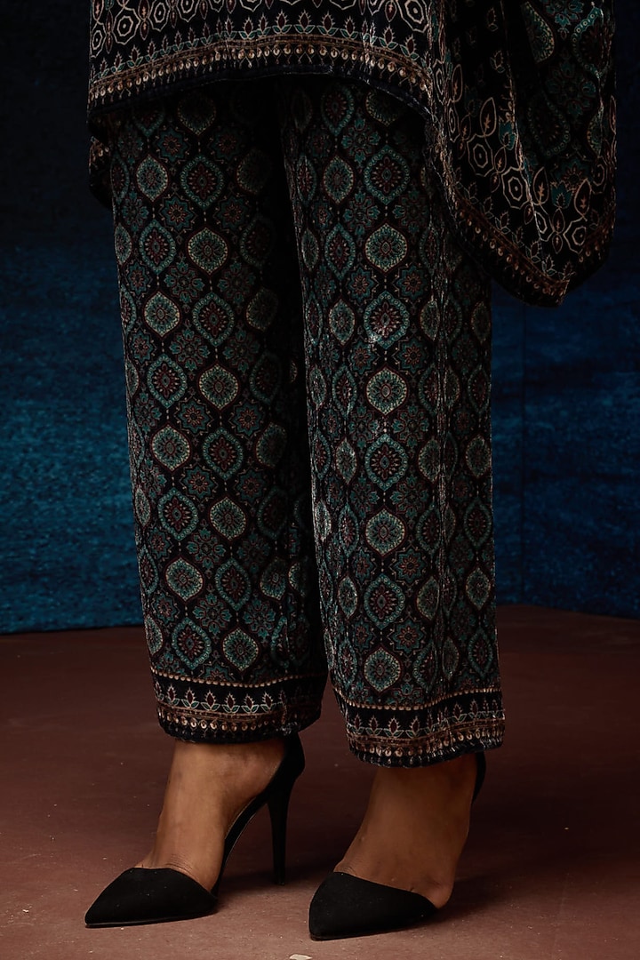 Black Silk Velvet Printed Pants by Rajdeep Ranawat at Pernia's Pop Up Shop