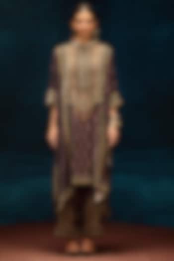 Burgundy Silk Velvet Printed Pants by Rajdeep Ranawat at Pernia's Pop Up Shop