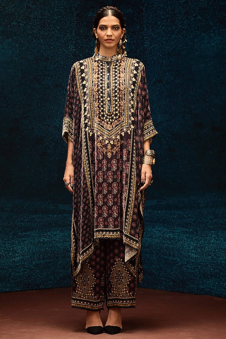 Burgundy Silk Velvet Printed Pants by Rajdeep Ranawat at Pernia's Pop Up Shop