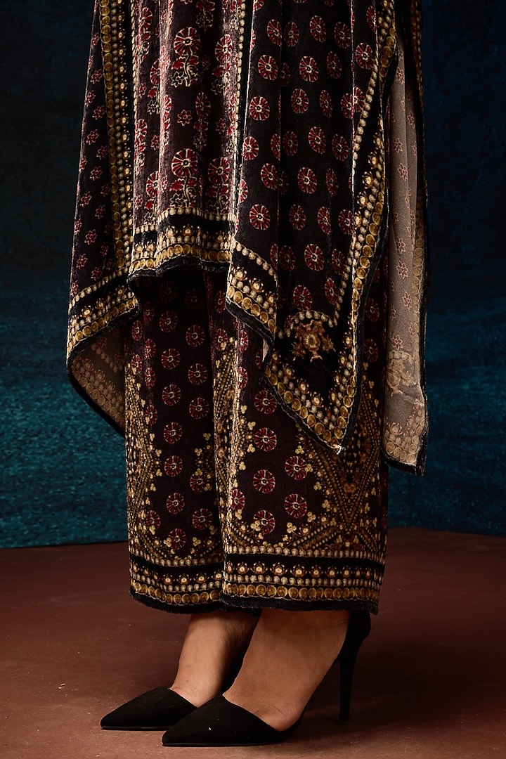 Burgundy Silk Velvet Printed Pants by Rajdeep Ranawat at Pernia's Pop Up Shop