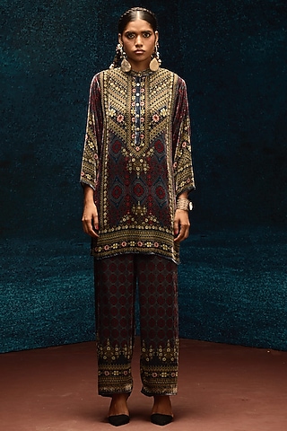 Blue & Maroon Silk Velvet Printed Pants by Rajdeep Ranawat