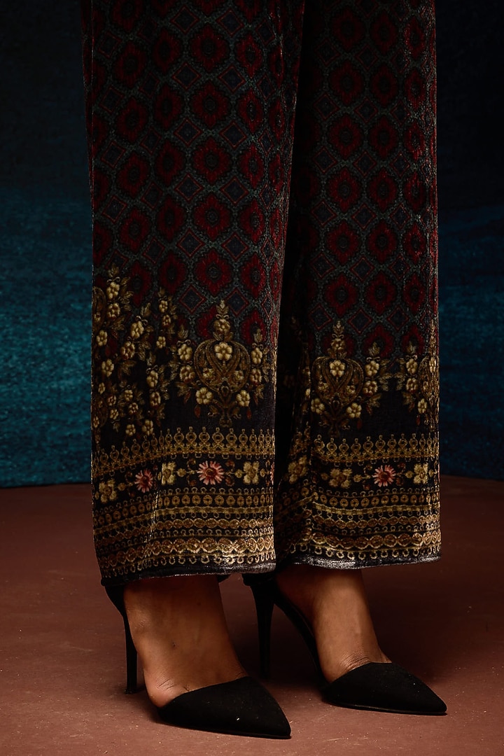 Blue & Maroon Silk Velvet Printed Pants by Rajdeep Ranawat at Pernia's Pop Up Shop