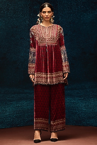 Maroon Silk Velvet Printed Pants by Rajdeep Ranawat