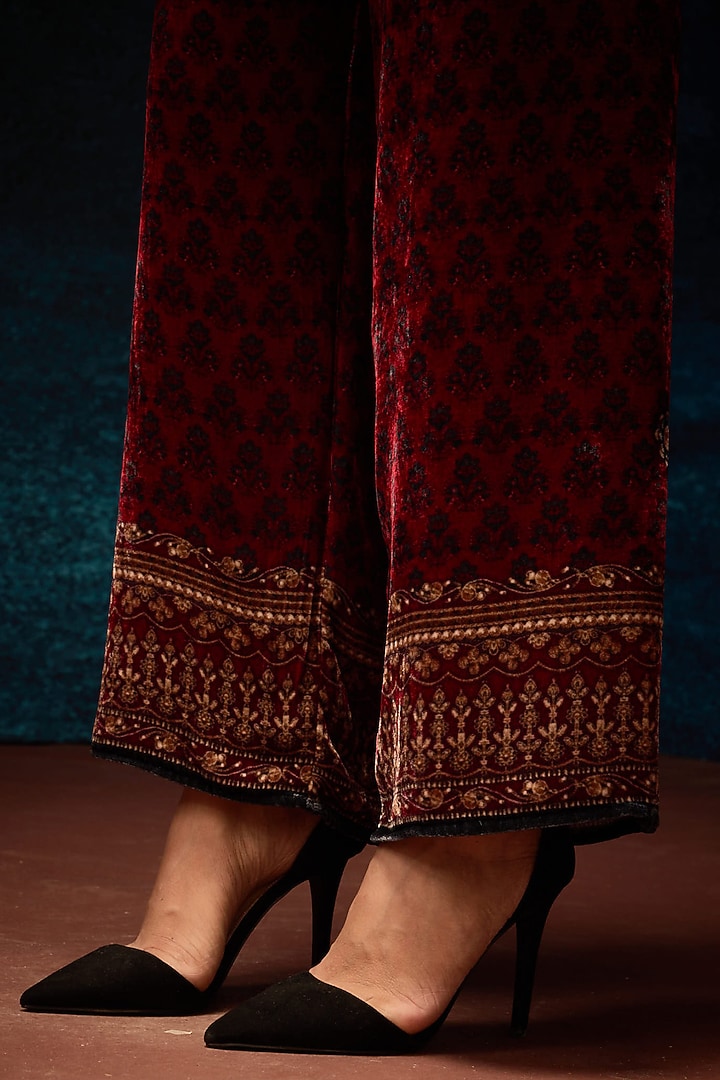 Maroon Silk Velvet Printed Pants by Rajdeep Ranawat at Pernia's Pop Up Shop