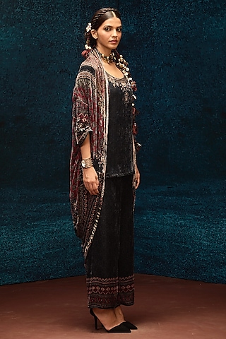 Black Silk Velvet Printed Pants by Rajdeep Ranawat