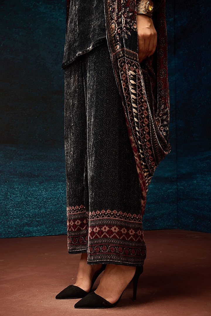 Black Silk Velvet Printed Pants by Rajdeep Ranawat at Pernia's Pop Up Shop