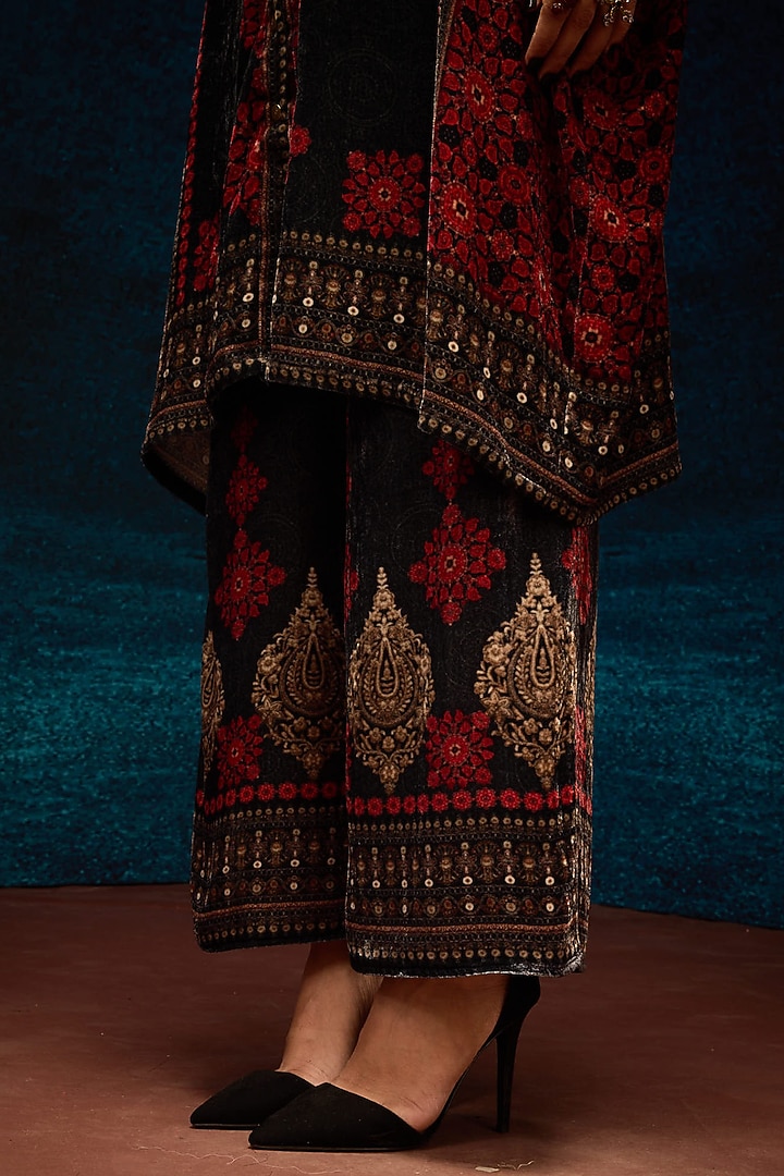 Red & Black Silk Velvet Printed Pants by Rajdeep Ranawat at Pernia's Pop Up Shop