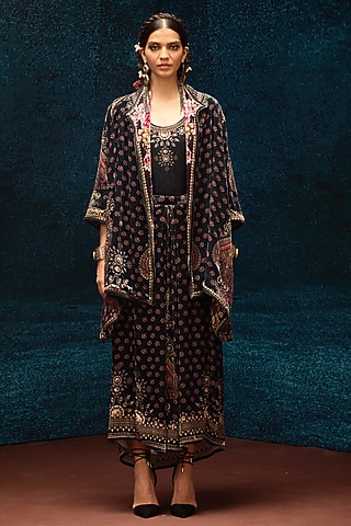 Black Silk Velvet Draped Skirt by Rajdeep Ranawat