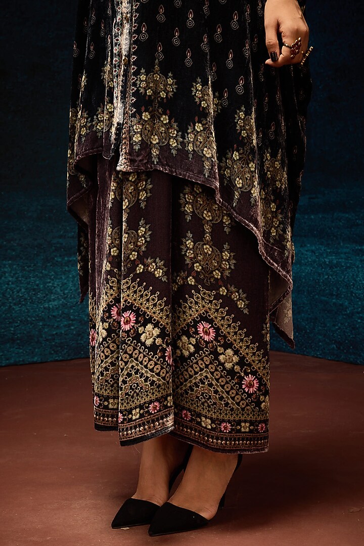 Black & Burgundy Silk Velvet Draped Skirt by Rajdeep Ranawat at Pernia's Pop Up Shop