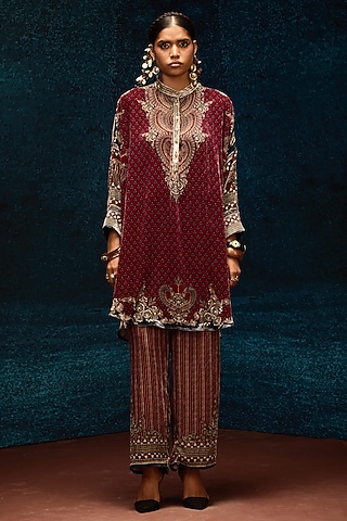 Maroon Silk Velvet Printed Pants by Rajdeep Ranawat