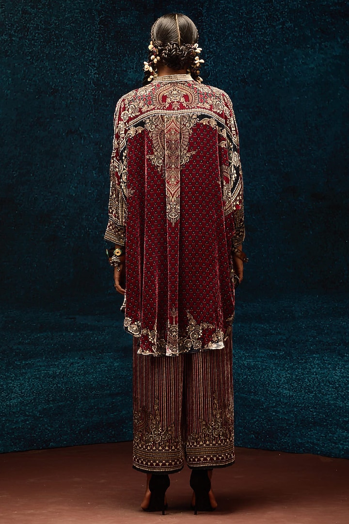 Maroon Silk Velvet Printed Pants by Rajdeep Ranawat at Pernia's Pop Up Shop