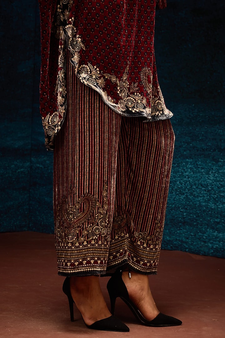 Maroon Silk Velvet Printed Pants by Rajdeep Ranawat at Pernia's Pop Up Shop