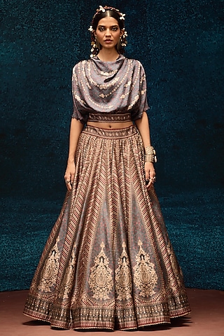 Red & Blue Brocade Printed Skirt Set by Rajdeep Ranawat