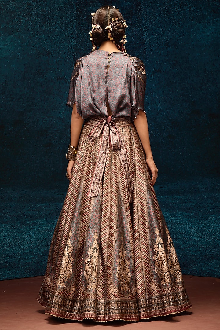 Red & Blue Brocade Printed Skirt Set by Rajdeep Ranawat at Pernia's Pop Up Shop