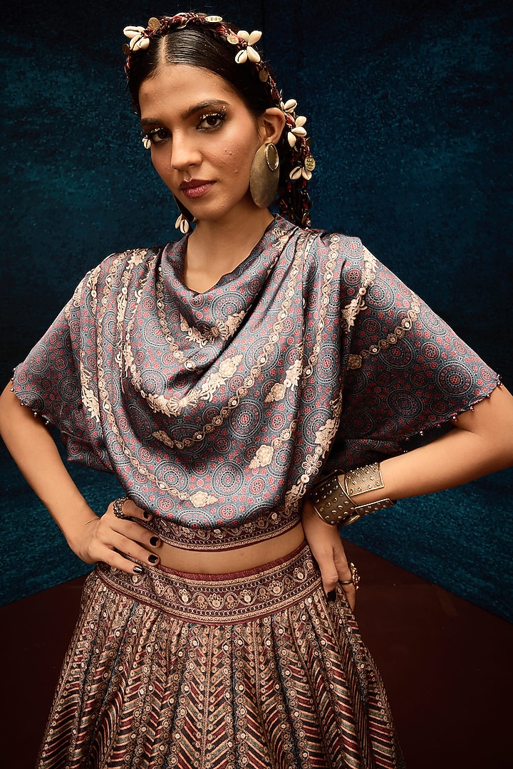 Red & Blue Brocade Printed Skirt Set by Rajdeep Ranawat at Pernia's Pop Up Shop