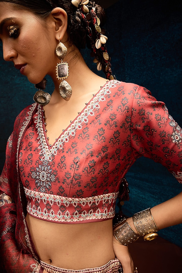 Rust Dupion Printed Wedding Lehenga Set by Rajdeep Ranawat at Pernia's Pop Up Shop