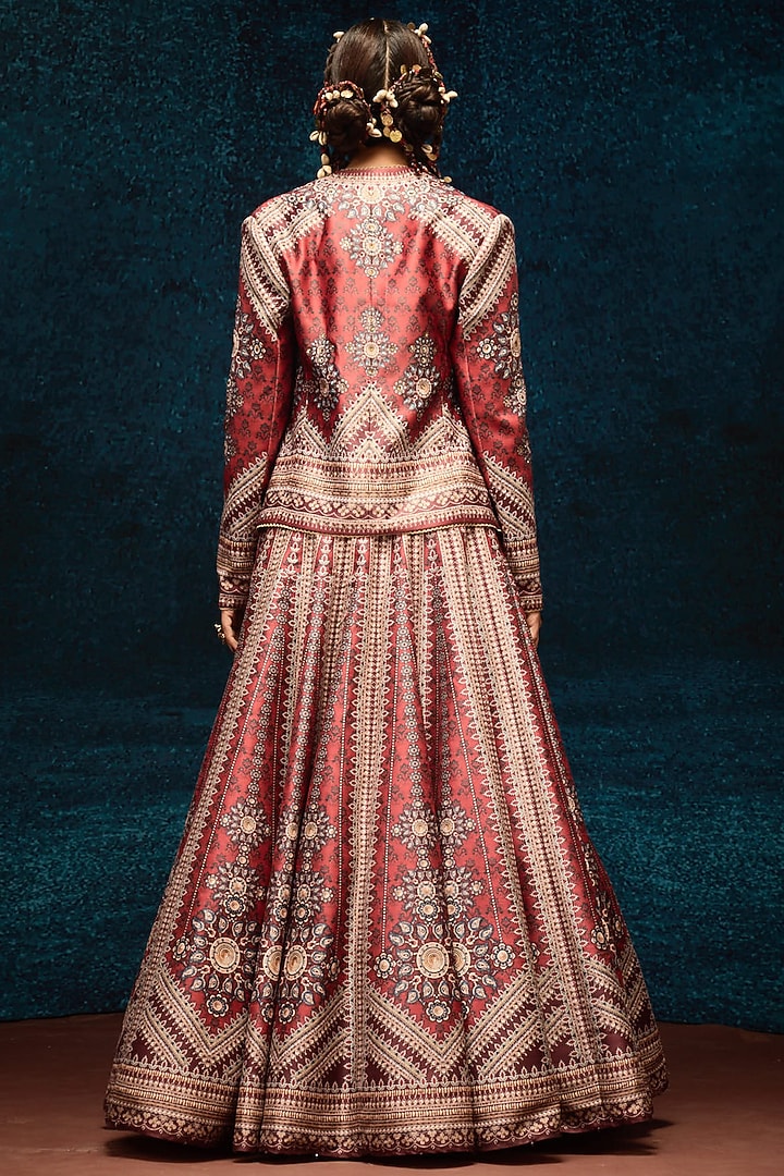 Rust Dupion Printed Jacket Wedding Lehenga Set by Rajdeep Ranawat at Pernia's Pop Up Shop