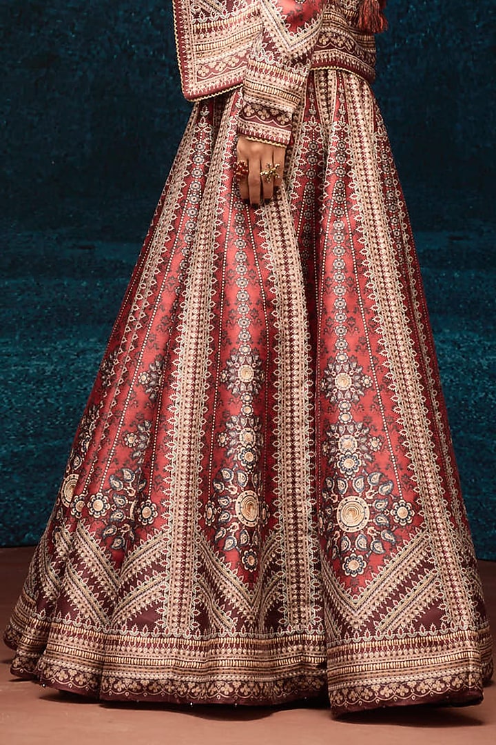Rust Dupion Printed Jacket Wedding Lehenga Set by Rajdeep Ranawat at Pernia's Pop Up Shop