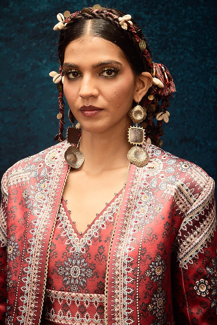 Rust Dupion Printed Jacket Wedding Lehenga Set by Rajdeep Ranawat at Pernia's Pop Up Shop