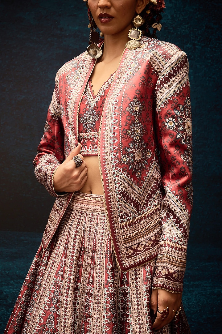Rust Dupion Printed Jacket Wedding Lehenga Set by Rajdeep Ranawat at Pernia's Pop Up Shop