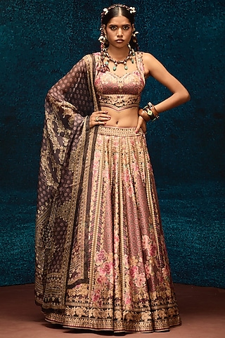 Maroon Brocade Printed Lehenga Set by Rajdeep Ranawat