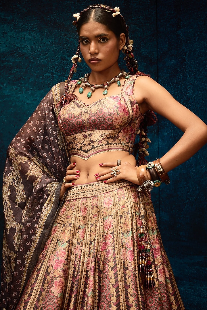 Maroon Brocade Printed Wedding Lehenga Set by Rajdeep Ranawat at Pernia's Pop Up Shop