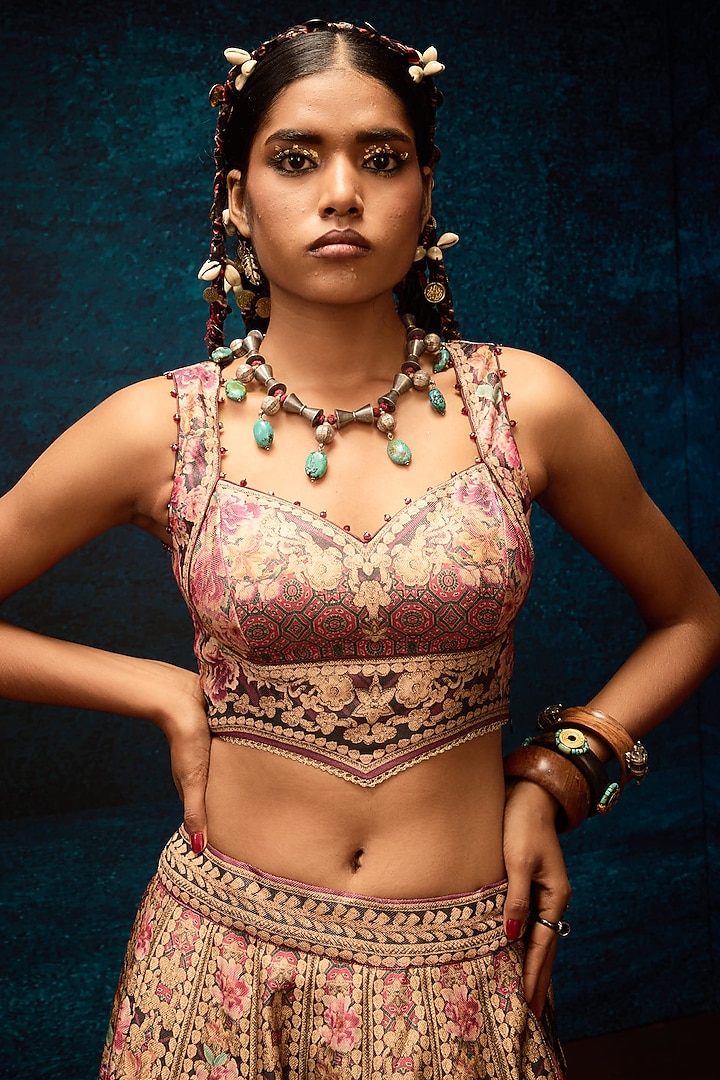 Maroon Brocade Printed Wedding Lehenga Set by Rajdeep Ranawat at Pernia's Pop Up Shop