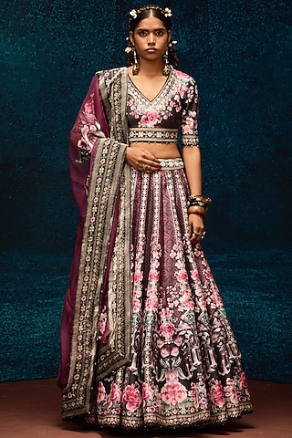 Black & Burgundy Dupion Printed Lehenga Set by Rajdeep Ranawat