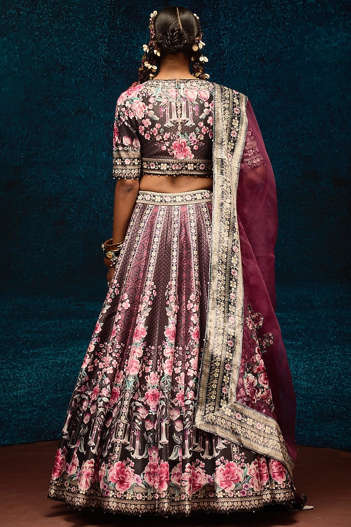 Black & Burgundy Dupion Printed Wedding Lehenga Set by Rajdeep Ranawat at Pernia's Pop Up Shop