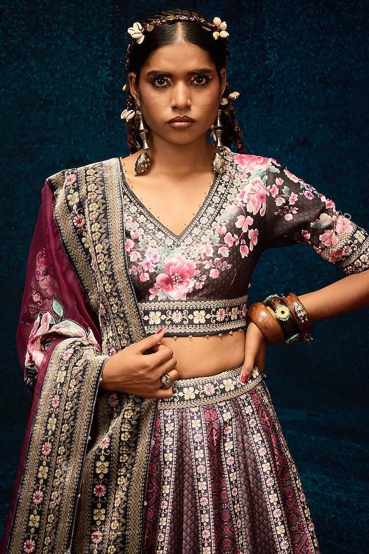 Black & Burgundy Dupion Printed Wedding Lehenga Set by Rajdeep Ranawat at Pernia's Pop Up Shop