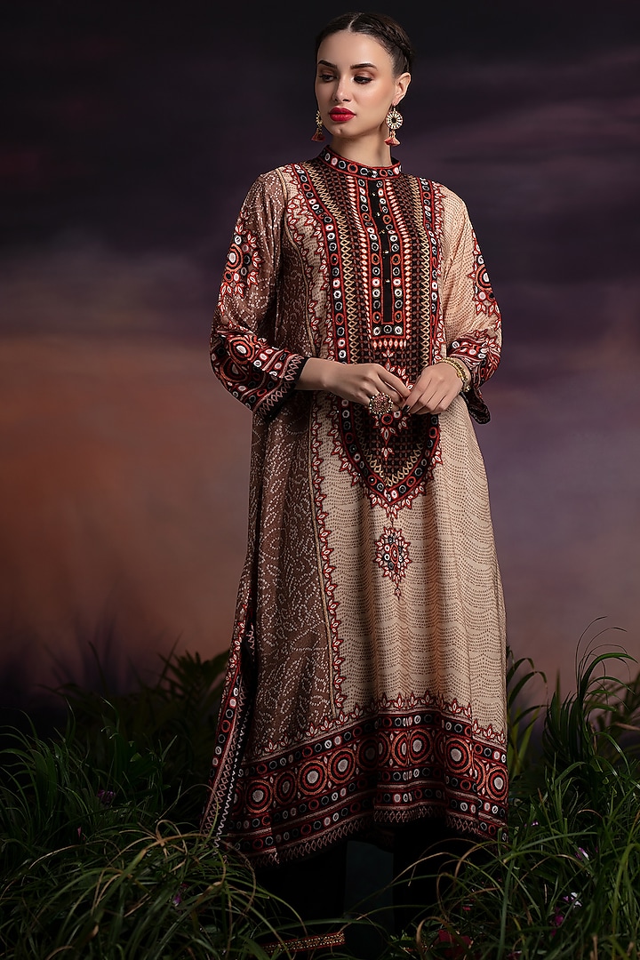 Beige Flared Silk Tunic by Rajdeep Ranawat