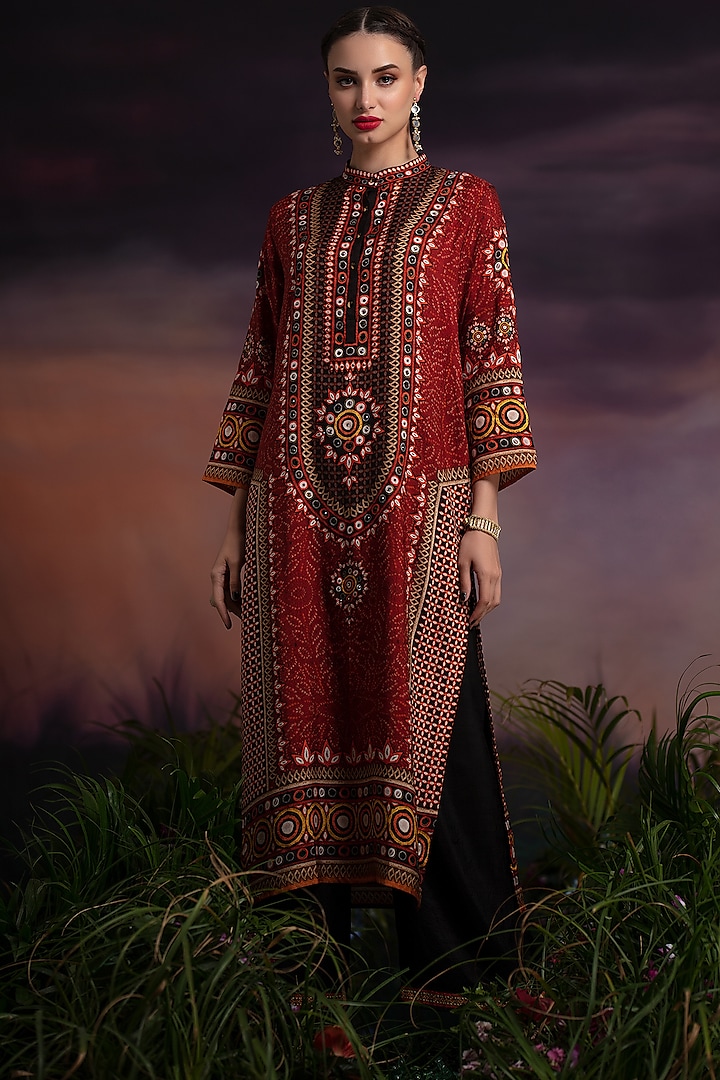 Red Printed Silk Tunic Set by Rajdeep Ranawat at Pernia's Pop Up Shop
