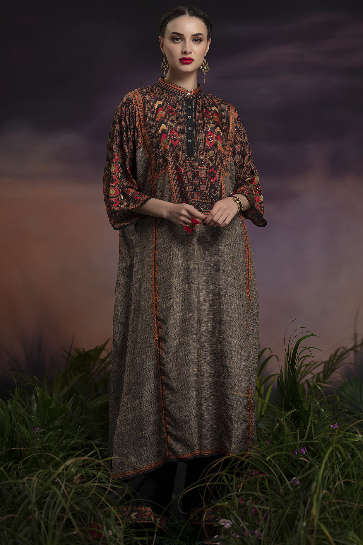 Brown Embroidered Long Tunic Set by Rajdeep Ranawat at Pernia's Pop Up Shop
